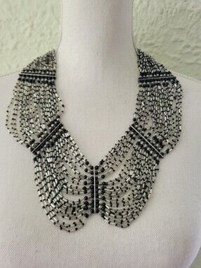 Vintage Steel Gray Black Bohemian Seed Bead Layered Draped Choker Necklace